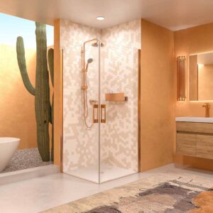 Mampara de ducha cuadrada OPEN 2 puertas abatibles fabricada a medida. COBRE MATE