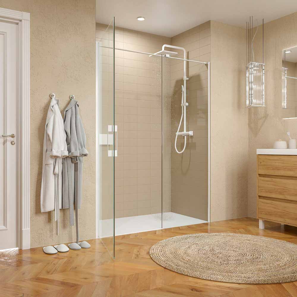 Mampara de ducha frontal OPEN 1 fijo - 1 puerta abatible a medida acabado BLANCO MATE