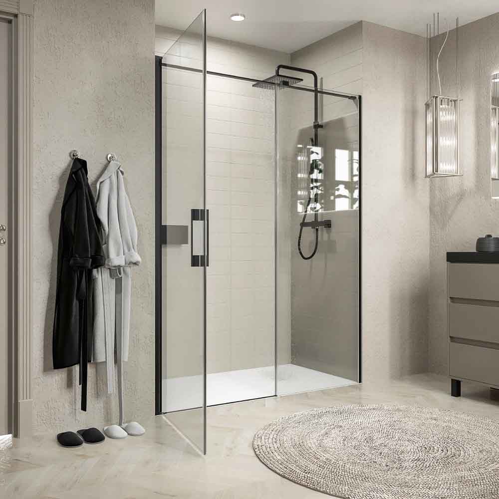 Mampara de ducha frontal OPEN 1 fijo - 1 puerta abatible a medida acabado NEGRO MATE - Imagen 5