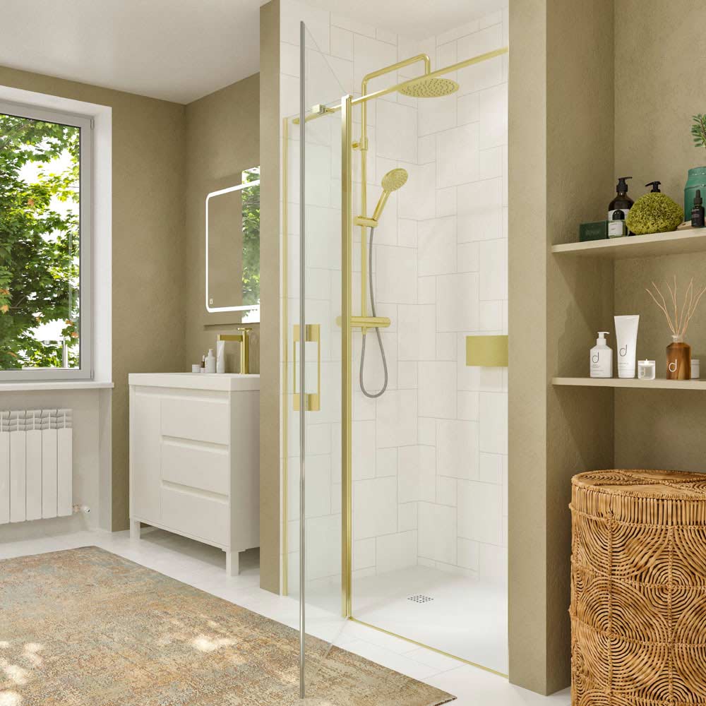 Mampara de ducha frontal OPEN 1 fijo - 1 puerta abatible a medida acabado ORO MATE