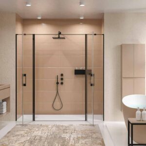 Mampara de ducha frontal OPEN 2 fijos - 2 puertas abatibles fabricada a medida. NEGRO MATE