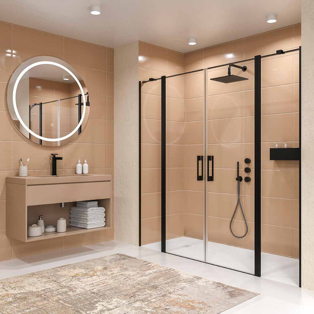 Mampara de ducha frontal OPEN 2 fijos - 2 puertas abatibles fabricada a medida. NEGRO MATE - Imagen 4