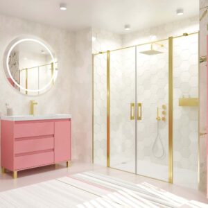 Mampara de ducha frontal OPEN 2 fijos - 2 puertas abatibles fabricada a medida. ORO MATE