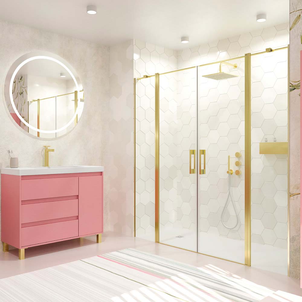 Mampara de ducha frontal OPEN 2 fijos - 2 puertas abatibles fabricada a medida. ORO MATE