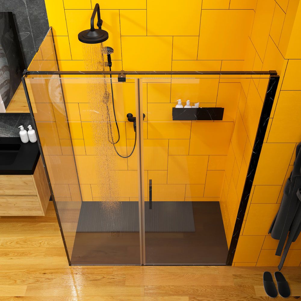 Mampara de ducha rectangular OPEN 2 fijos - 1 puerta abatible a medida. NEGRO MARQUINA