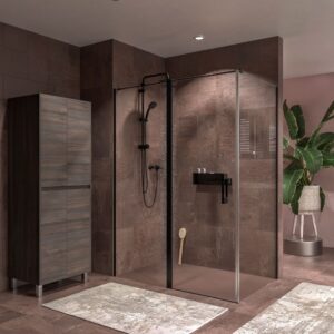 Mampara de ducha rectangular OPEN 2 fijos - 1 puerta abatible a medida. NEGRO MATE