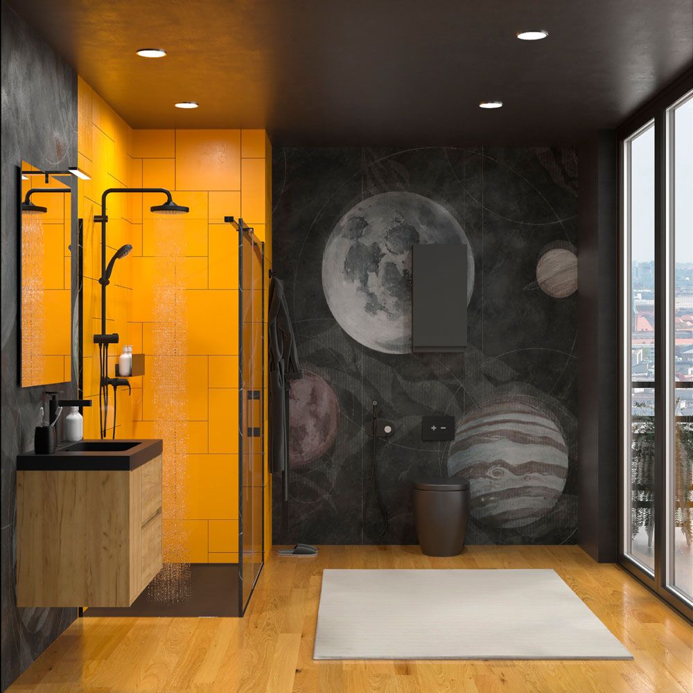 Mampara de ducha rectangular OPEN 2 fijos - 1 puerta abatible a medida. NEGRO MARQUINA - Imagen 5