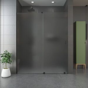 Mampara de ducha ANDREA frontal 1 fijo- 1 puerta corredera VIDRIO MATE rueda inferior . Acabado NEGRO MATE