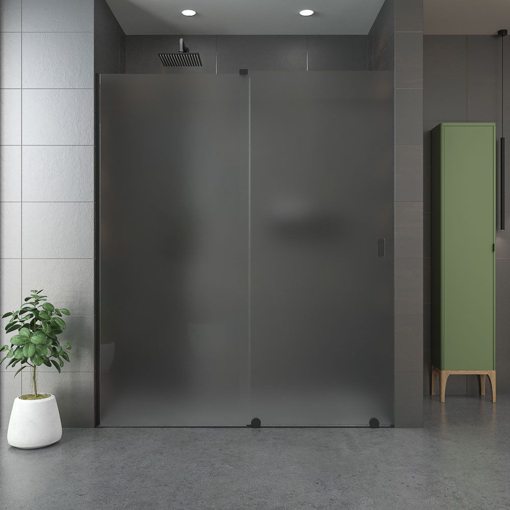 Mampara de ducha ANDREA frontal 1 fijo- 1 puerta corredera VIDRIO MATE rueda inferior . Acabado NEGRO MATE