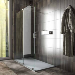 Mampara de ducha ANDREA frontal 1 fijo- 1 puerta corredera abierta VIDRIO TRANSPARENTE rueda inferior . Acabado CROMO BRILLO