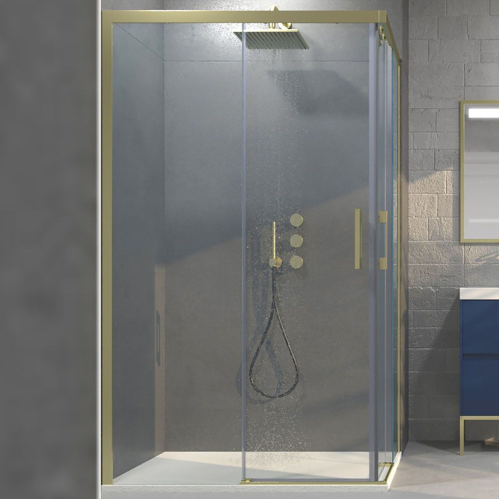 Mampara de ducha rectangular FLARE apertura angular 2 fijos-2 puertas correderas. Sin perfil inferior. Acabado ORO - Imagen 2