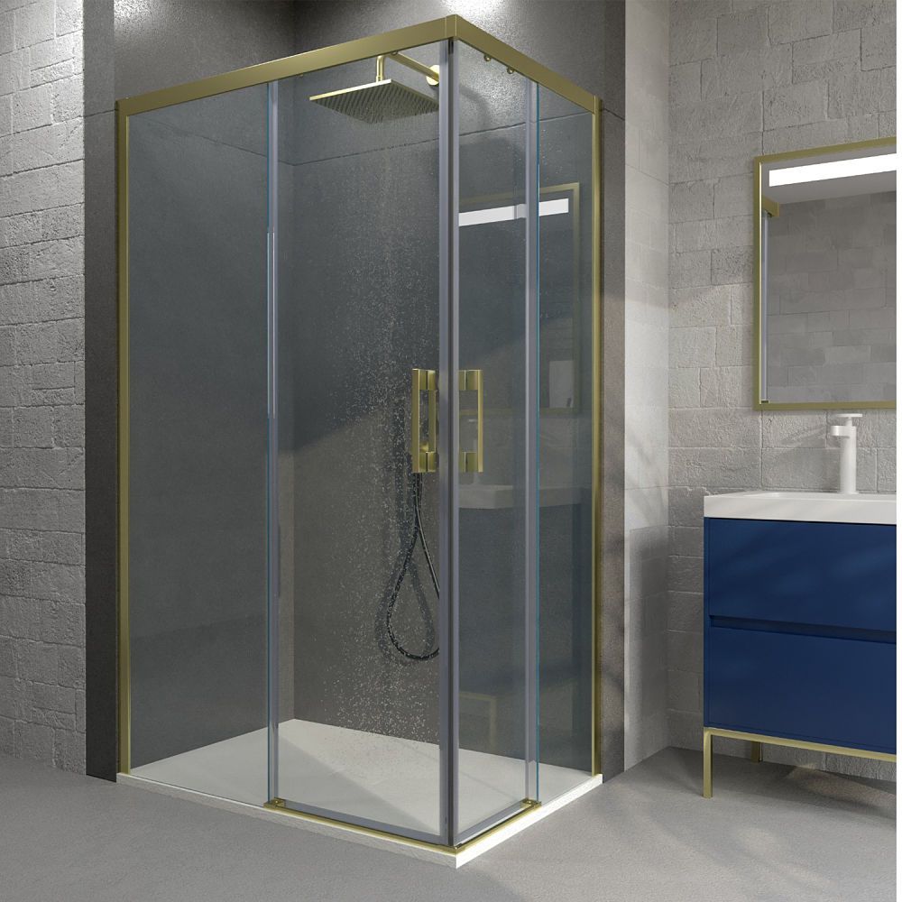 Mampara de ducha rectangular FLARE apertura angular 2 fijos-2 puertas correderas. Sin perfil inferior. Acabado ORO