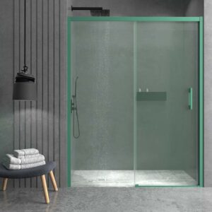 Mampara de ducha frontal LINEA1 fijo -1 puerta corredera. Sin perfil inferior. Acabado VERDE PATINA