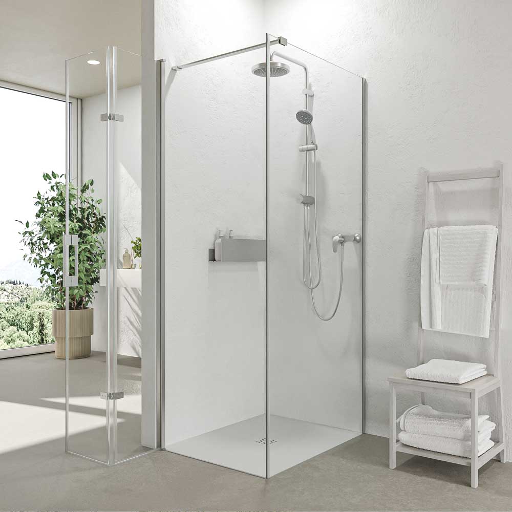 Mampara de ducha rectangular SINTESIS 1 fijo - 1 puerta plegable fabricada a medida . CROMO BRILLO