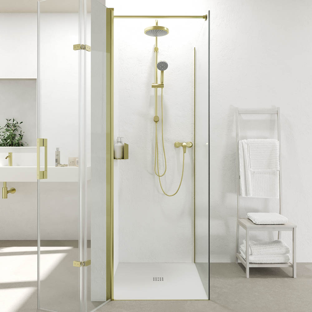 Mampara de ducha rectangular SINTESIS 1 fijo - 1 puerta plegable fabricada a medida . ORO MATE