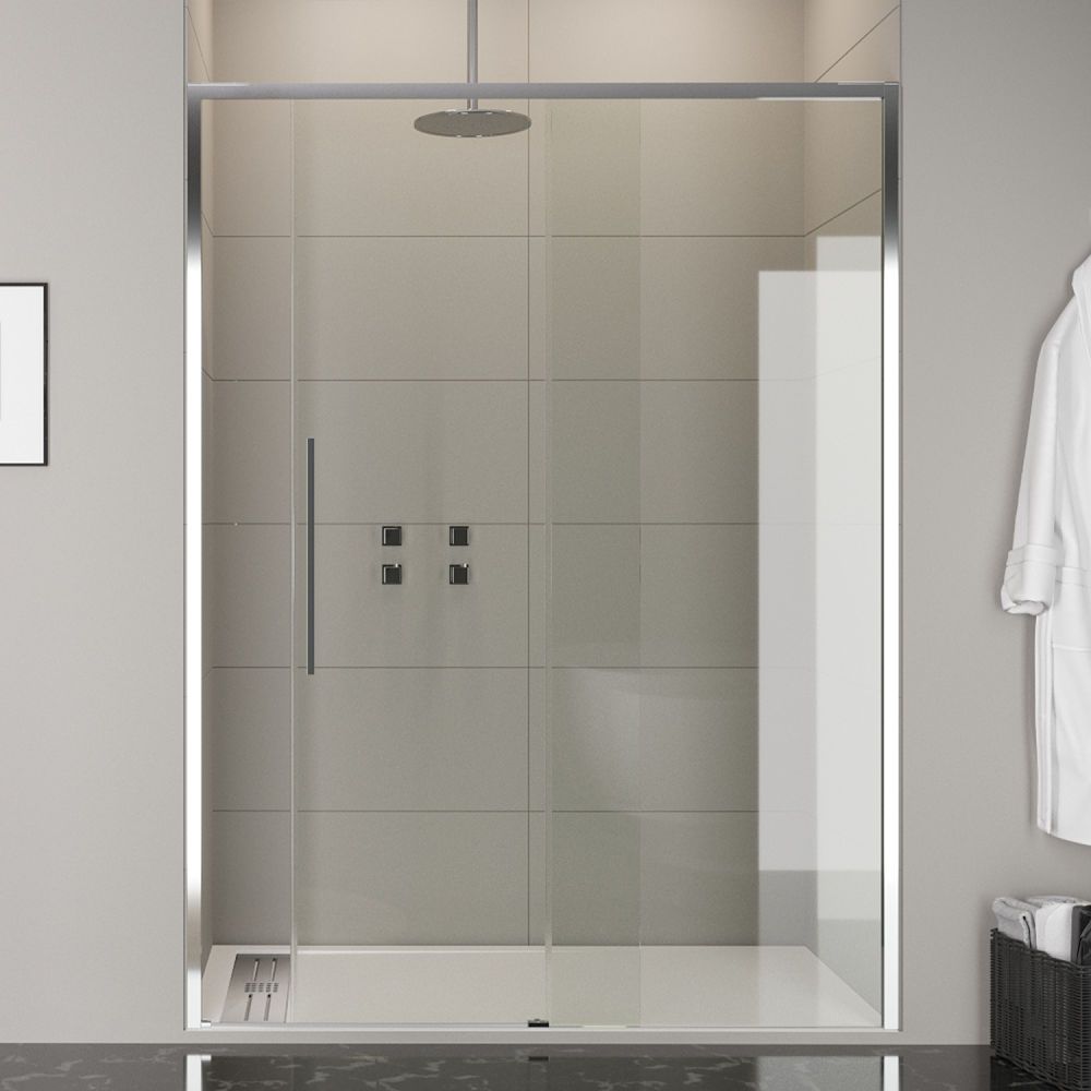 Mampara de ducha frontal VISION 1 fijo -1 puerta corredera. Sin perfil inferior. Con tratamiento anti-cal . Acabado CROMO BRILLO