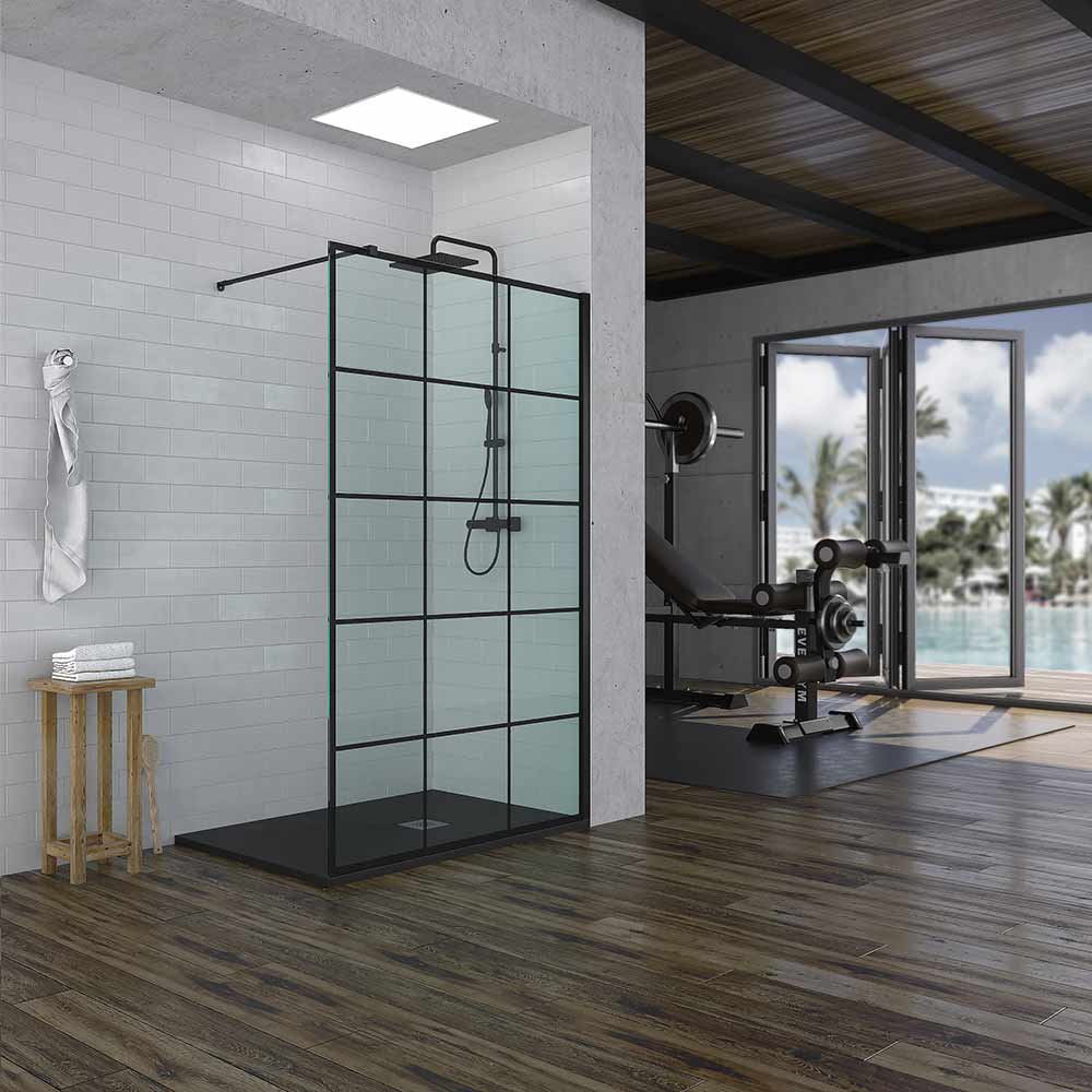 Mampara de ducha ZEN fija decorado industrial- vidrio 8MM - Tratamiento anti-cal incluido - Incluye brazo de seguridad. TALOS