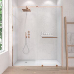 Mampara de ducha VERONA frontal 1 fijo- 1 puerta corredera sin perfil superior. Acabado COBRE MATE