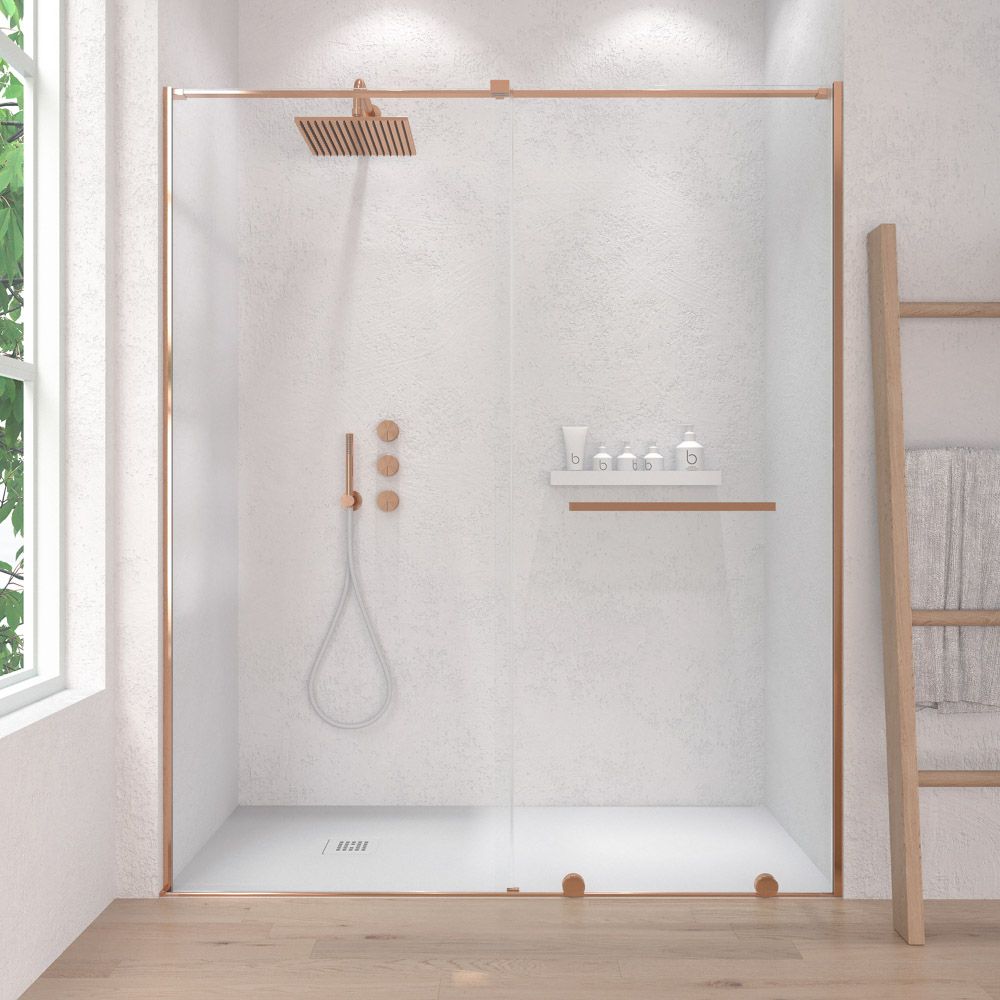 Mampara de ducha VERONA frontal 1 fijo- 1 puerta corredera sin perfil superior. Acabado COBRE MATE