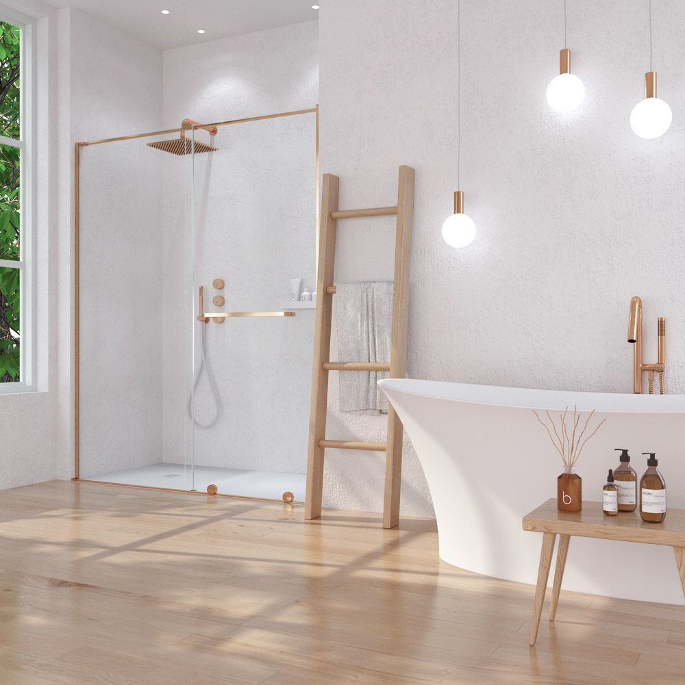 Mampara de ducha VERONA frontal 1 fijo- 1 puerta corredera sin perfil superior. Acabado COBRE MATE - Imagen 2