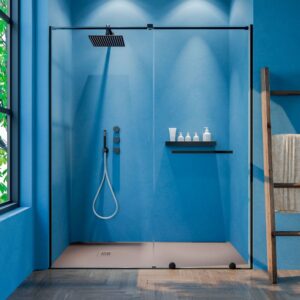 Mampara de ducha VERONA frontal 1 fijo- 1 puerta corredera sin perfil superior. Acabado NEGRO MATE