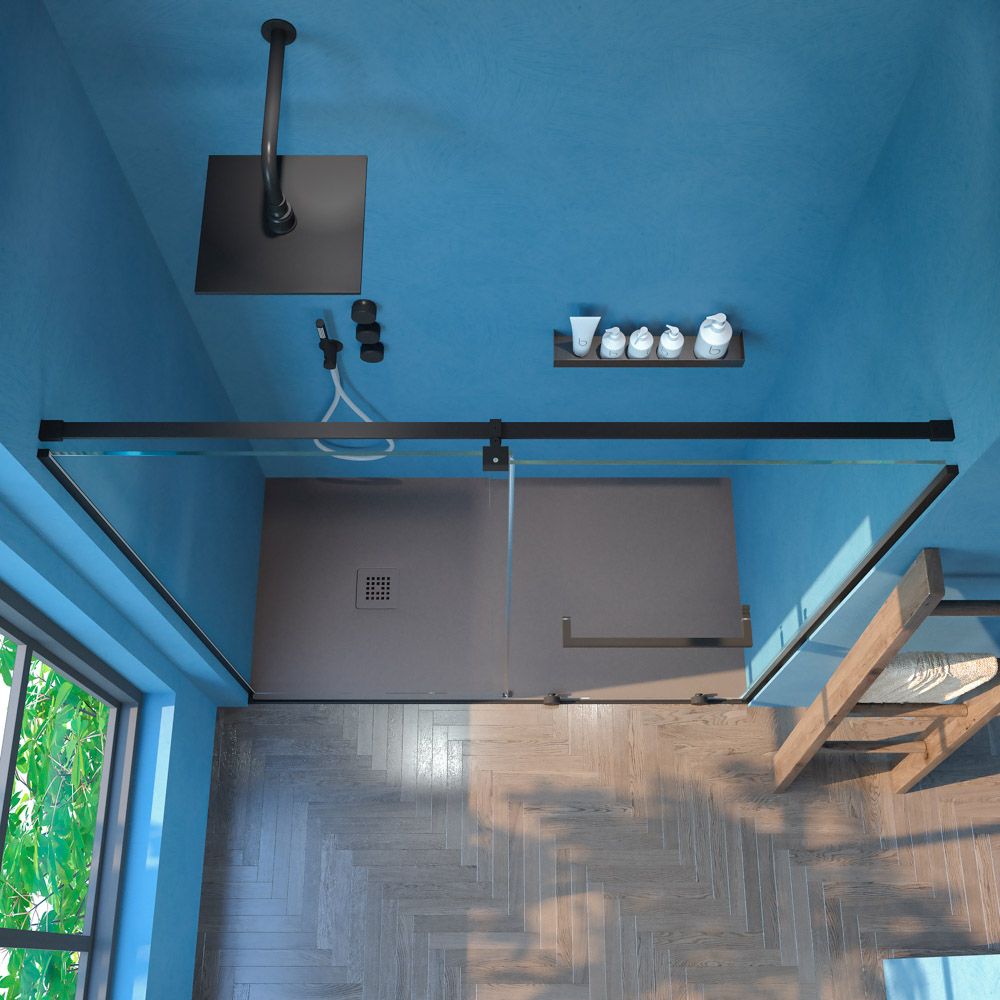 Mampara de ducha VERONA frontal 1 fijo- 1 puerta corredera sin perfil superior. Acabado NEGRO MATE - Imagen 3