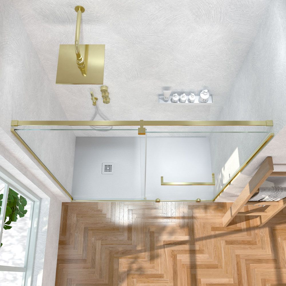 Mampara de ducha VERONA frontal 1 fijo - 1 puerta corredera sin perfil superior. Acabado ORO MATE - Imagen 10