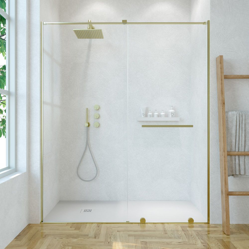 Mampara de ducha VERONA frontal 1 fijo - 1 puerta corredera sin perfil superior. Acabado ORO MATE