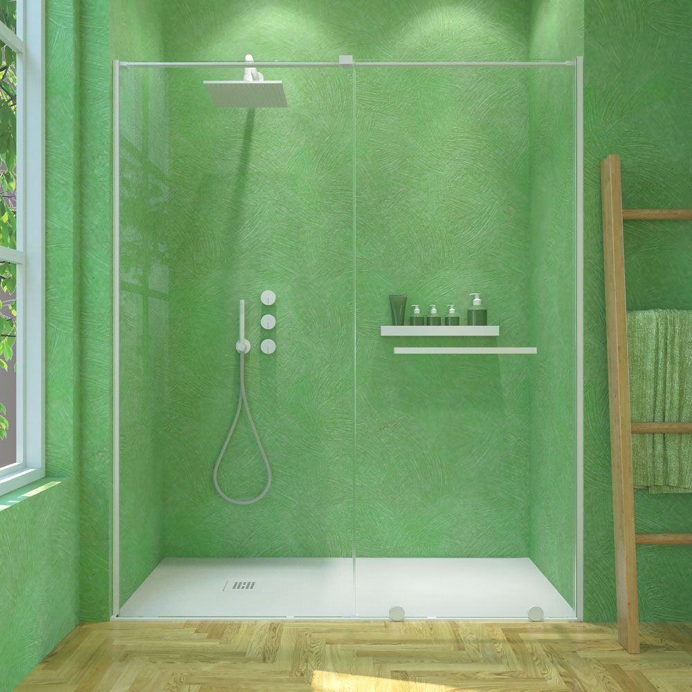 Mampara de ducha VERONA frontal 1 fijo- 1 puerta corredera sin perfil superior . Acabado BLANCO MATE