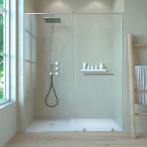 Mampara de ducha VERONA frontal 1 fijo- 1 puerta corredera sin perfil superior .Acabado CROMO BRILLO