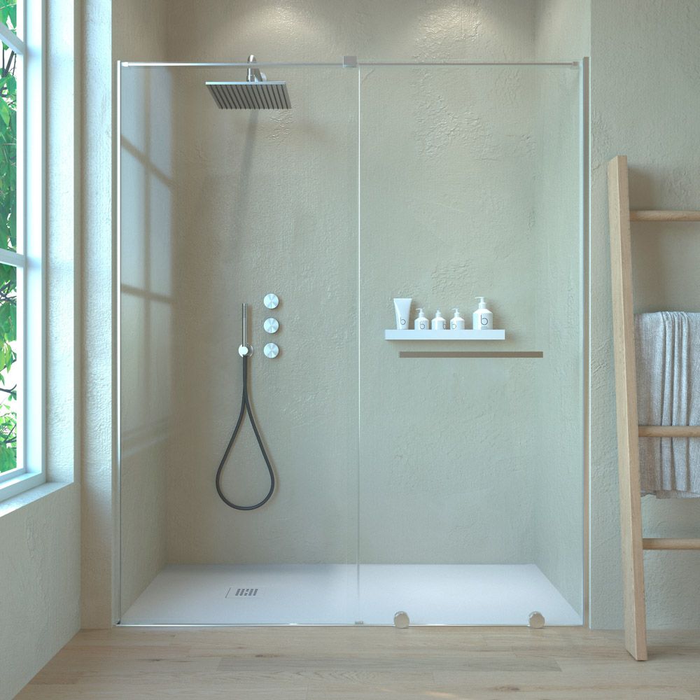 Mampara de ducha VERONA frontal 1 fijo- 1 puerta corredera sin perfil superior .Acabado CROMO BRILLO