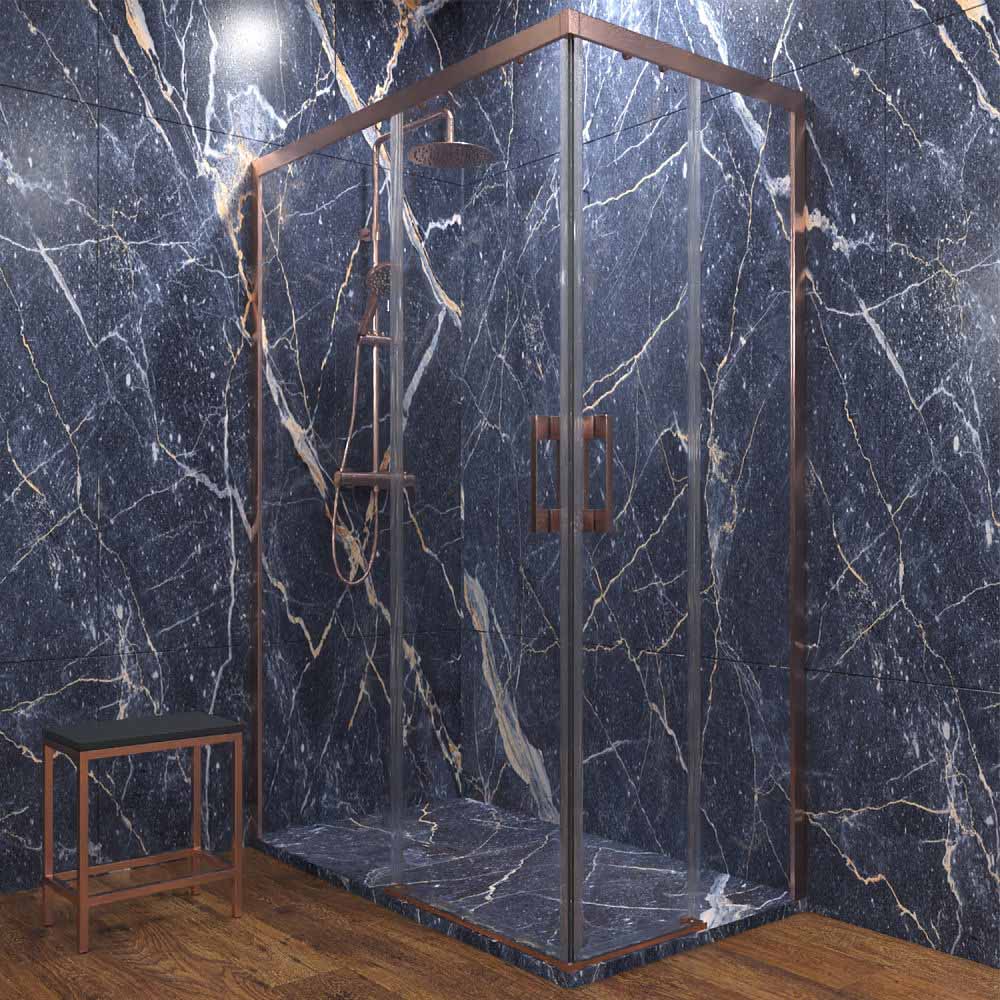 Mampara de ducha rectangular FLARE apertura angular 2 fijos-2 puertas correderas. Sin perfil inferior. Acabado COBRE