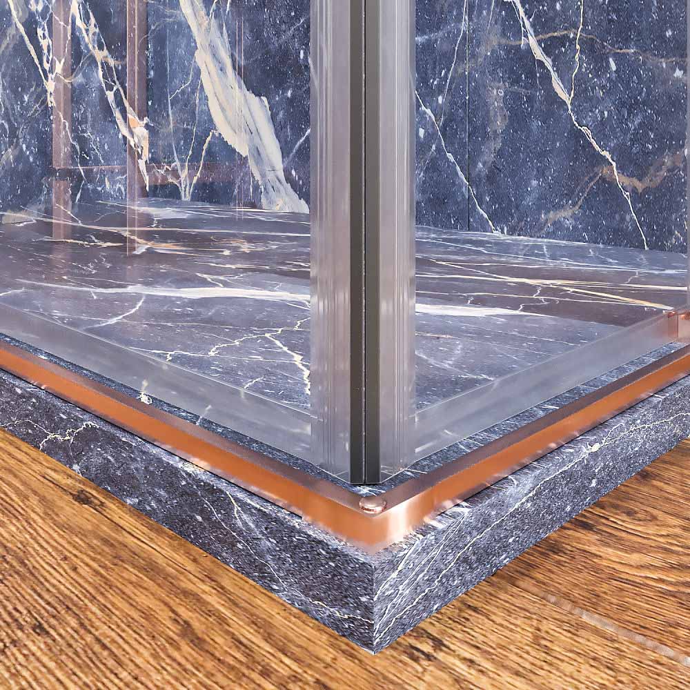 Mampara de ducha rectangular FLARE apertura angular 2 fijos-2 puertas correderas. Sin perfil inferior. Acabado COBRE - Imagen 3