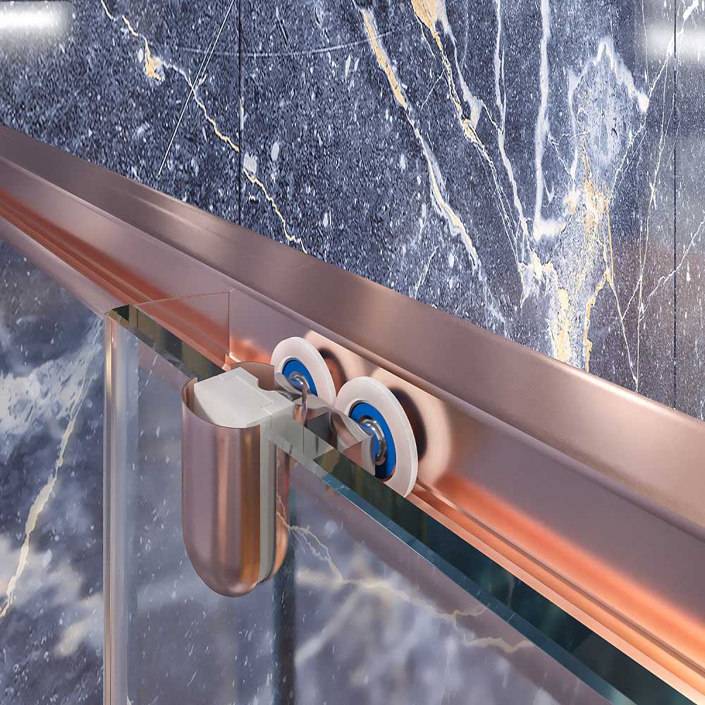 Mampara de ducha rectangular FLARE apertura angular 2 fijos-2 puertas correderas. Sin perfil inferior. Acabado COBRE - Imagen 6