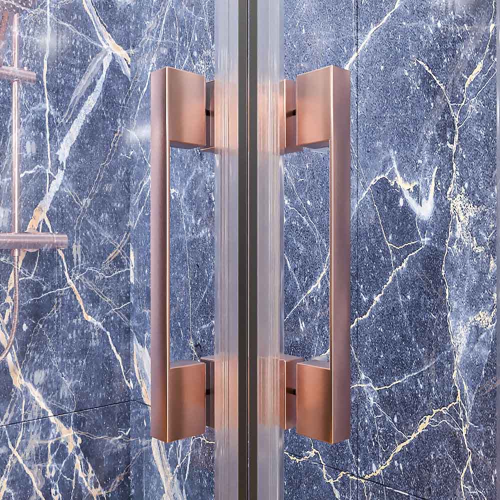 Mampara de ducha rectangular FLARE apertura angular 2 fijos-2 puertas correderas. Sin perfil inferior. Acabado COBRE - Imagen 7