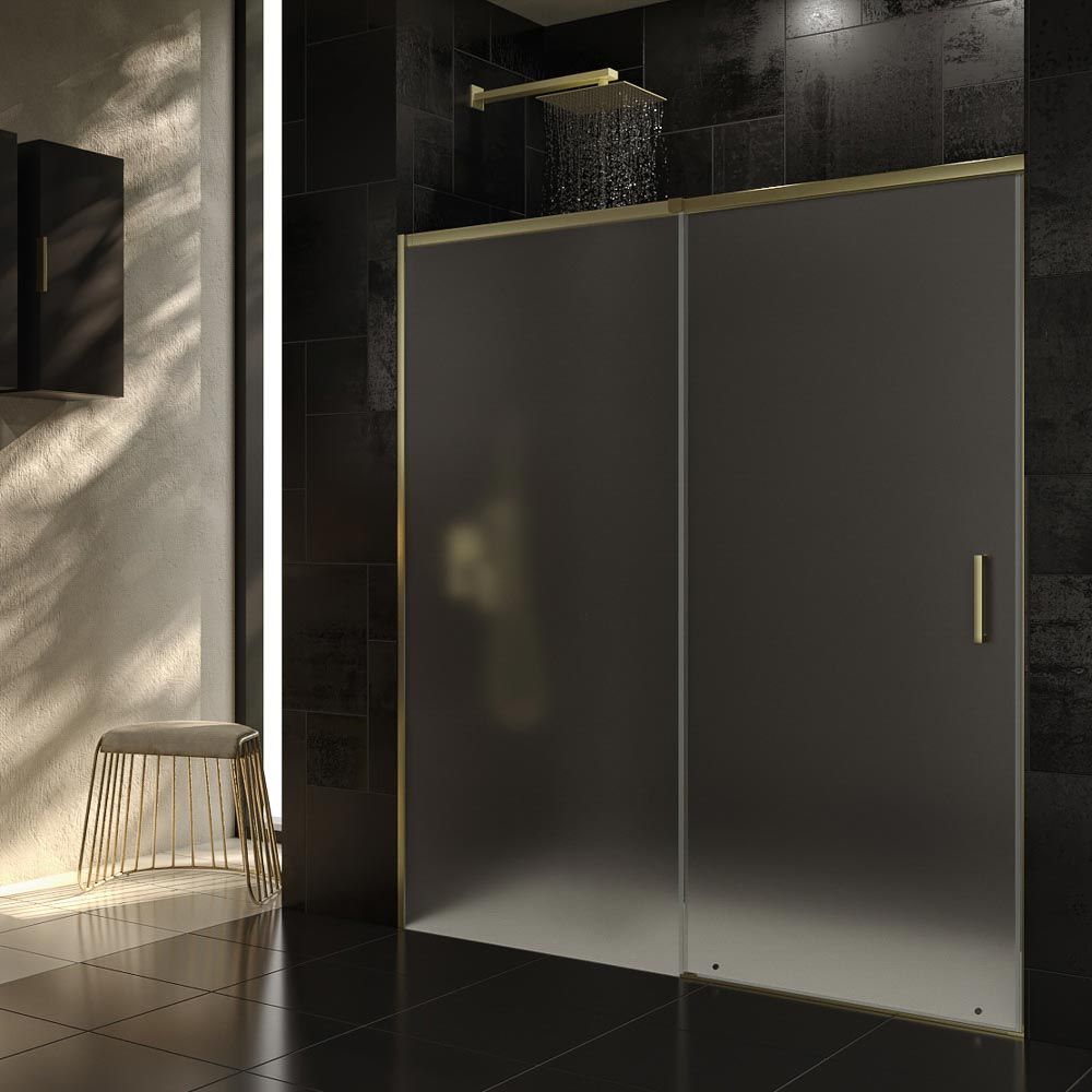 Mampara de ducha AXER frontal 1 fijo - 1 puerta corredera vidrio mate 6 mm. ACERO INOXIDABLE acabado ORO MATE