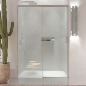 Mampara de ducha TECH STEEL frontal 1 fijo - 1 puerta corredera vidrio 8 mm. ACERO INOXIDABLE