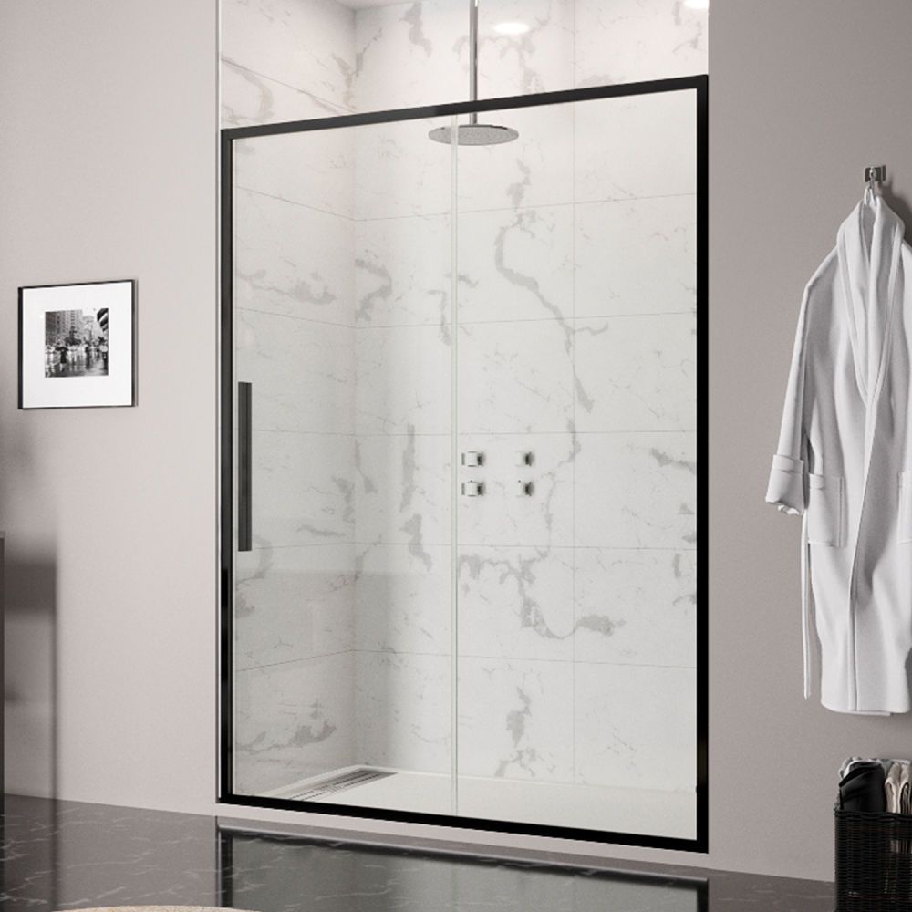 Mampara de ducha frontal VISION 1 fijo -1 puerta corredera. Con tratamiento anti-cal . Acabado NEGRO MATE.