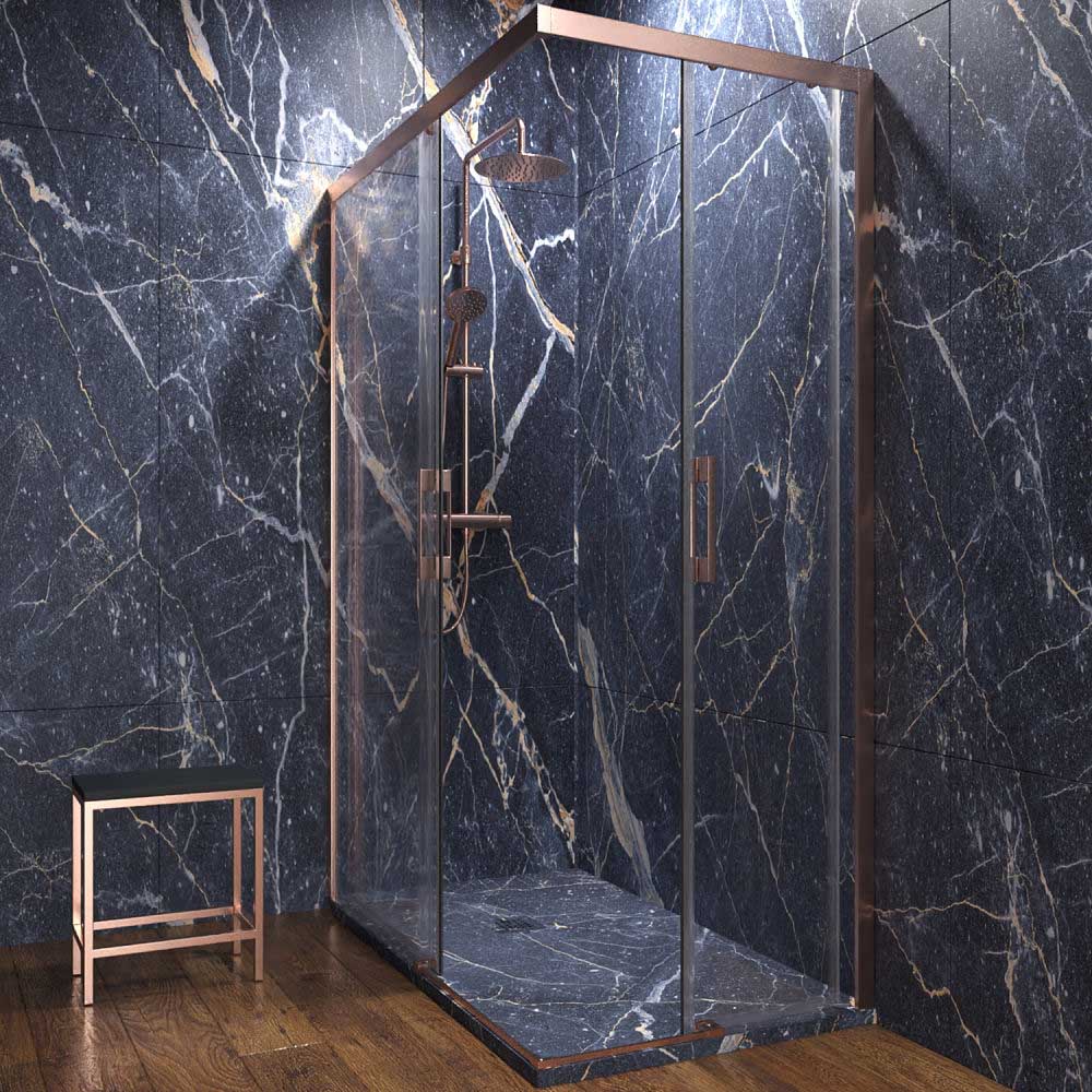 Mampara de ducha rectangular FLARE apertura angular 2 fijos-2 puertas correderas. Sin perfil inferior. Acabado COBRE - Imagen 2