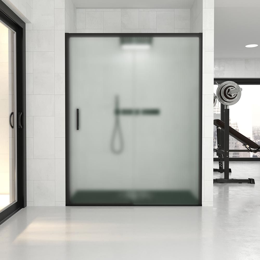 Mampara de ducha frontal FLARE 1 fijo -1 puerta corredera cristal mate. Sin perfil inferior. Acabado NEGRO MATE