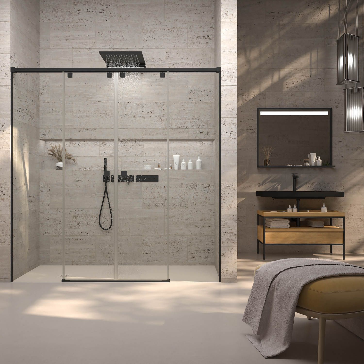 Mampara de ducha frontal LIFE 2 fijos + 2 puertas correderas vidrio 8 mm con cierre amortiguado. Acabado NEGRO MATE - Imagen 2