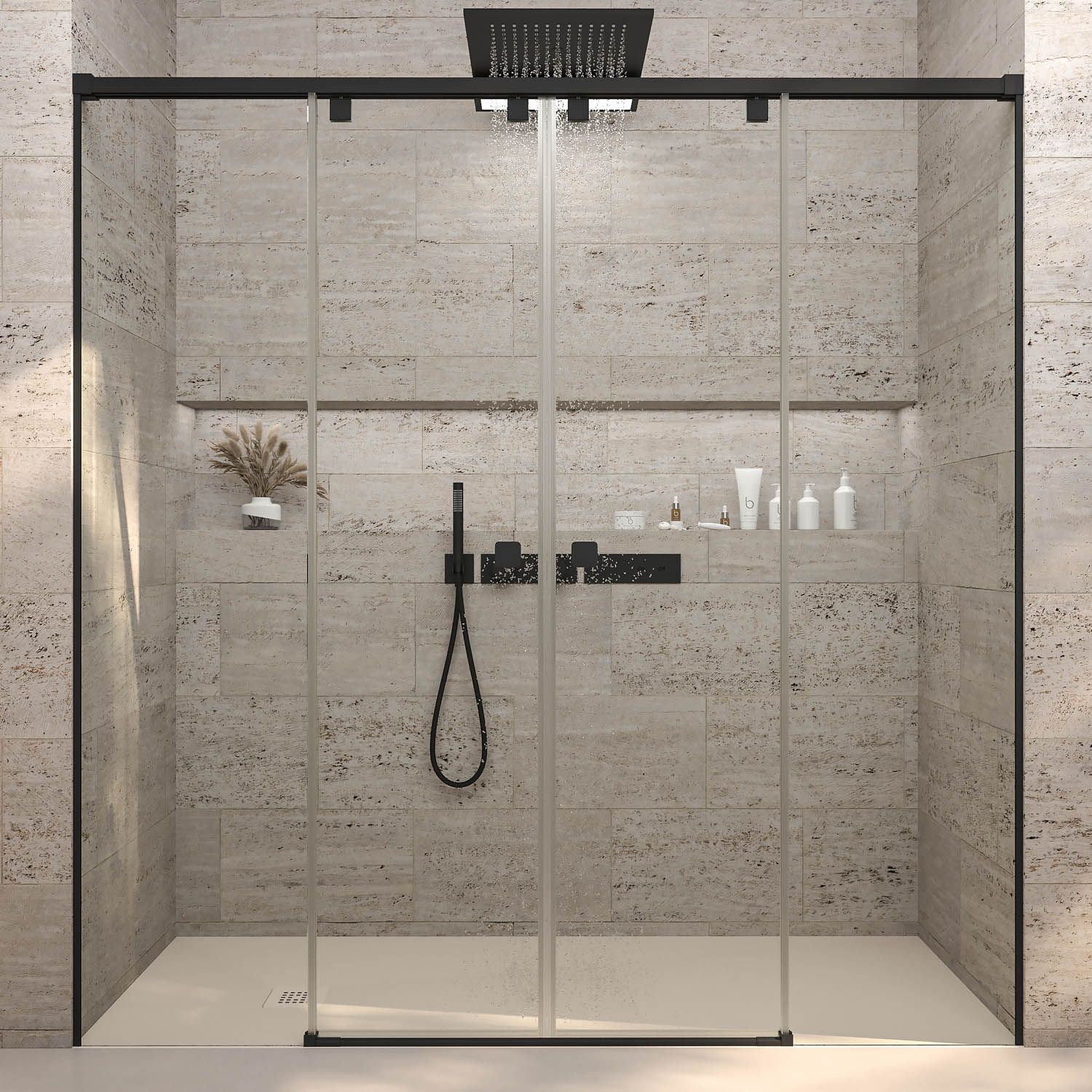 Mampara de ducha frontal LIFE 2 fijos + 2 puertas correderas vidrio 8 mm con cierre amortiguado. Acabado NEGRO MATE