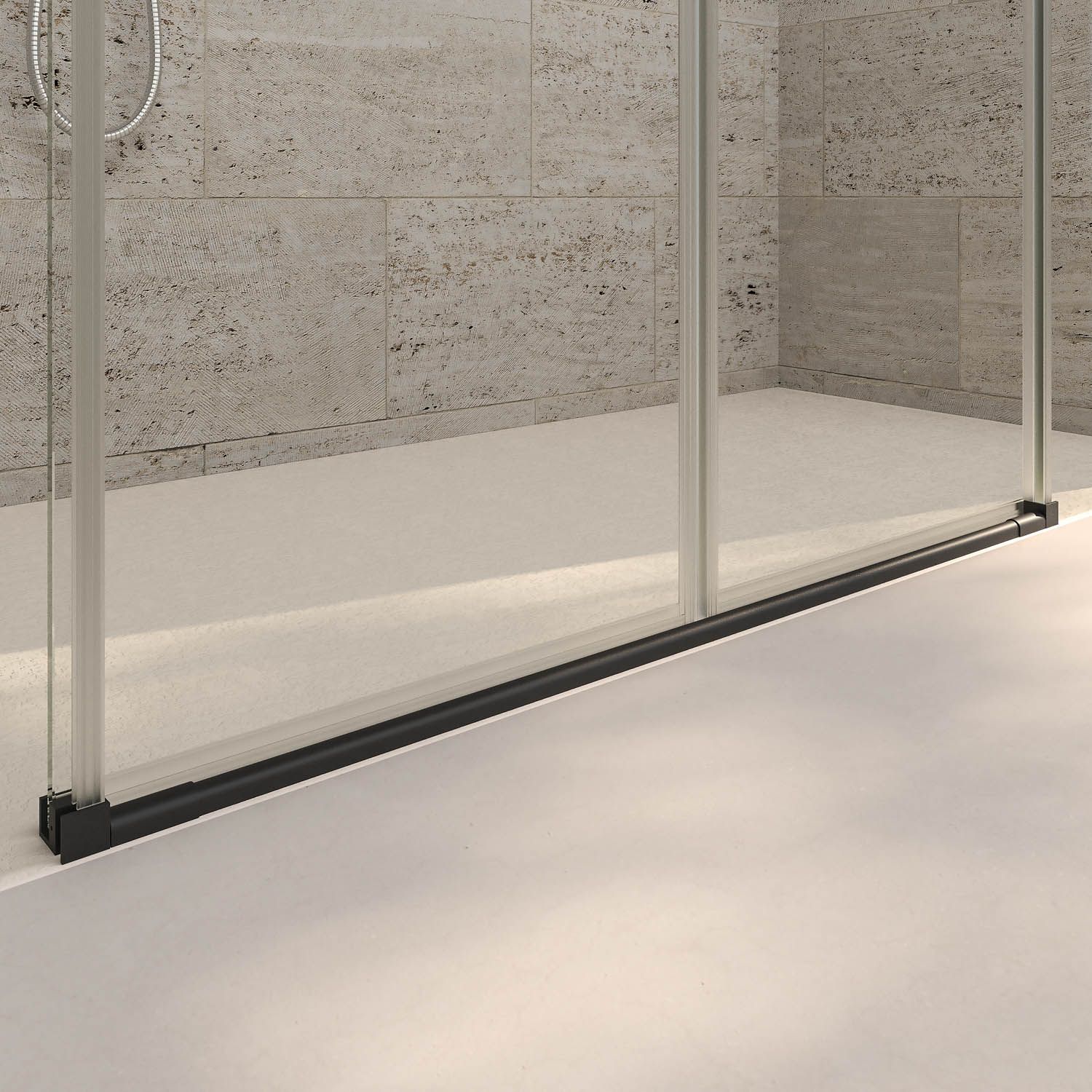 Mampara de ducha frontal LIFE 2 fijos + 2 puertas correderas vidrio 8 mm con cierre amortiguado. Acabado NEGRO MATE - Imagen 3