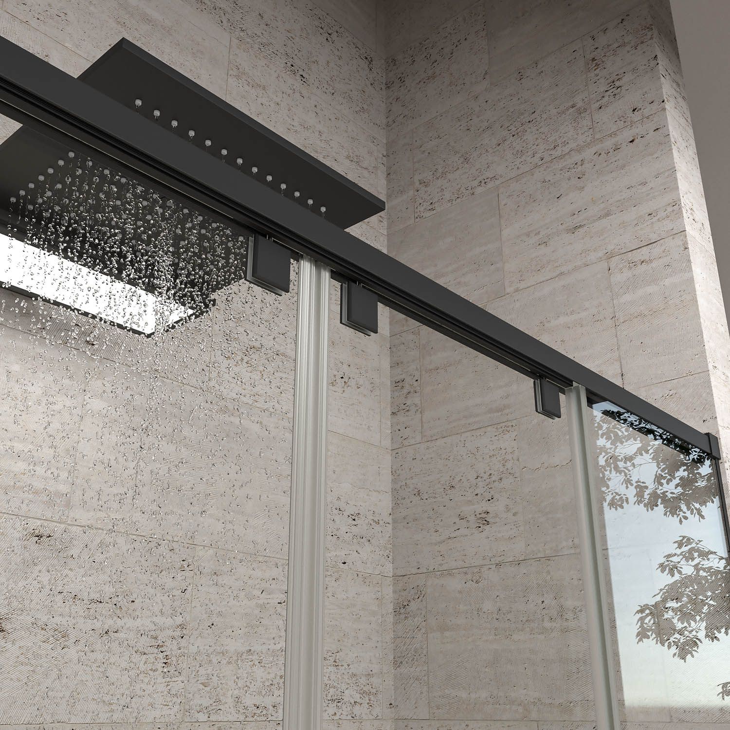 Mampara de ducha frontal LIFE 2 fijos + 2 puertas correderas vidrio 8 mm con cierre amortiguado. Acabado NEGRO MATE - Imagen 4