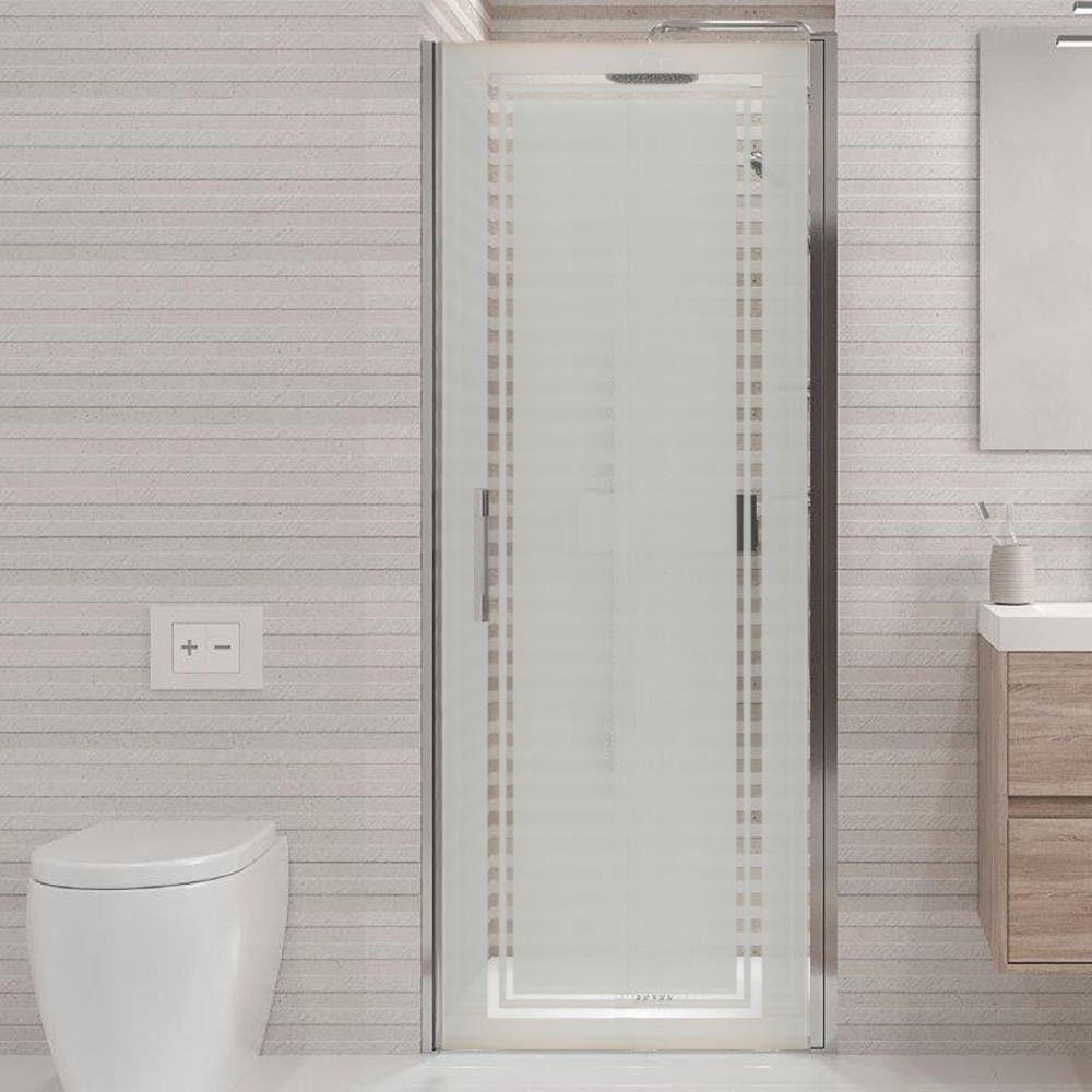 Mampara de ducha frontal OPEN 1 puerta SERIGRAFIA abatible a medida acabado CROMO BRILLO