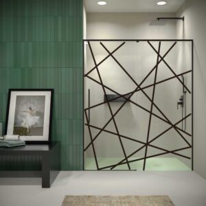 Mampara de ducha PETRA frontal 1 fijo - 1 puerta corredera vidrio 6 mm serigrafiada . Acero inoxidable NEGRO MATE