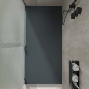 Plato ducha resina PLASTER Grafito - RAL 7016 - textura pizarra - antibacteriano y antideslizante. Rejilla oculta