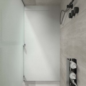 Plato ducha resina PLASTER Arena - RAL 7035 - textura pizarra - antibacteriano y antideslizante. Rejilla oculta