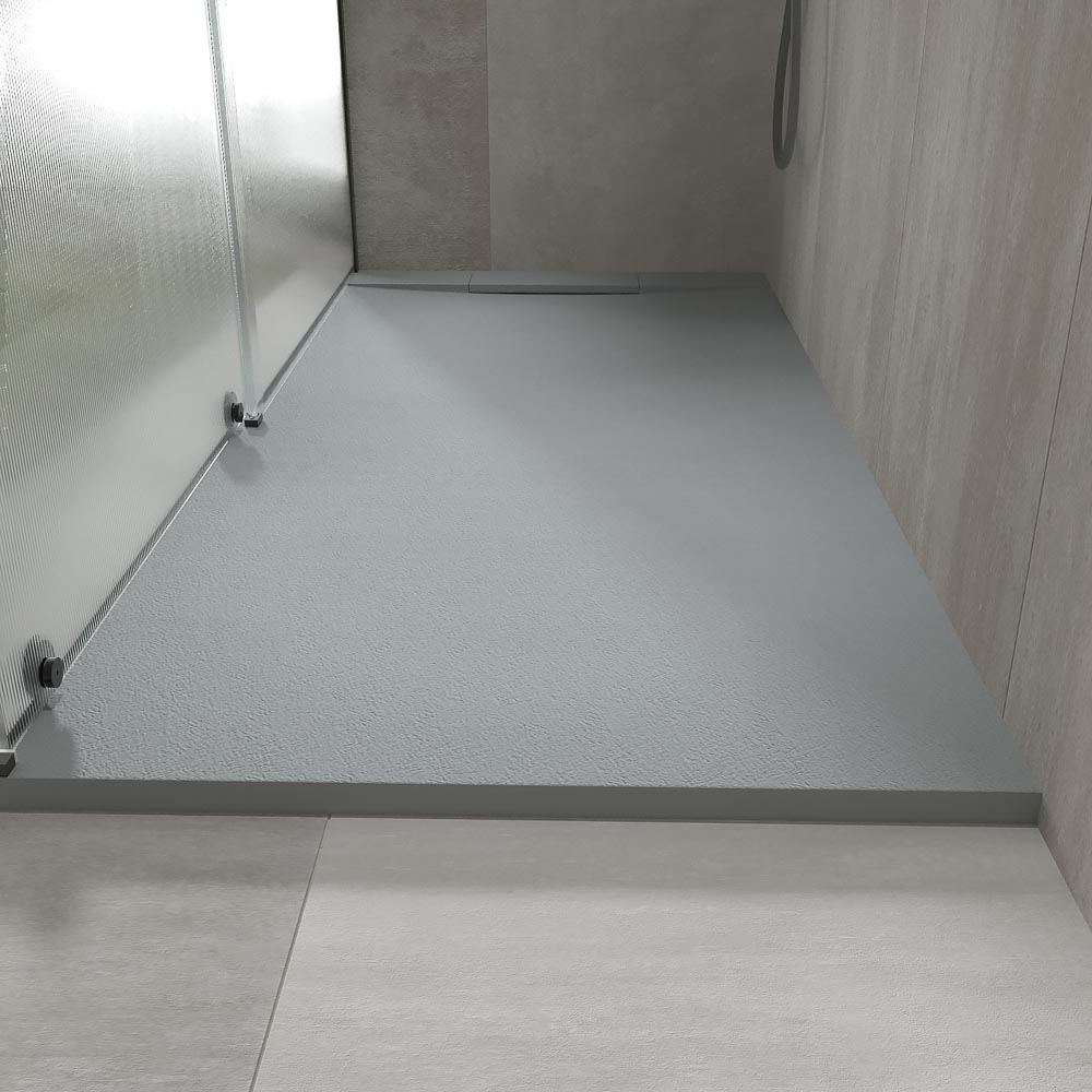 Plato ducha resina PLASTER Gris Cemento - RAL 7040 - textura pizarra - antibacteriano y antideslizante. Rejilla oculta - Imagen 2