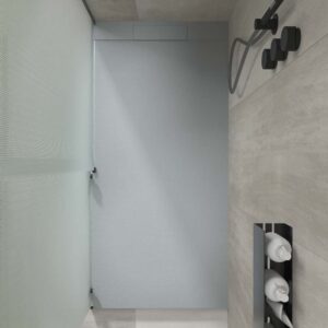 Plato ducha resina PLASTER Gris Cemento - RAL 7040 - textura pizarra - antibacteriano y antideslizante. Rejilla oculta